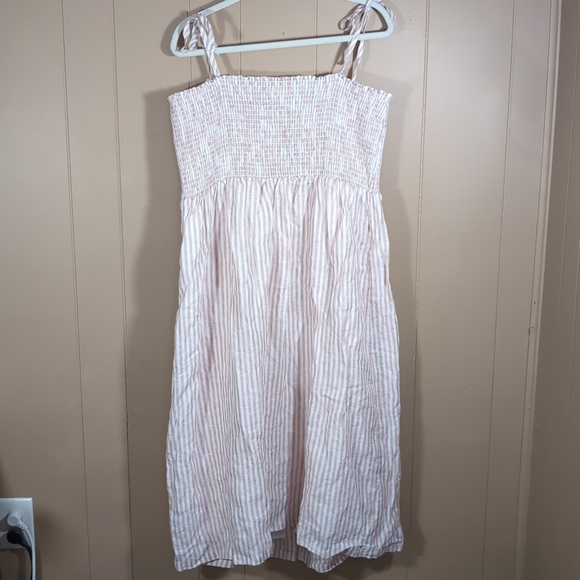 Gap NWT Linen Dress Size XL Pink White Stripe Summer Smocked Buttoned Strappy - Picture 3 of 10